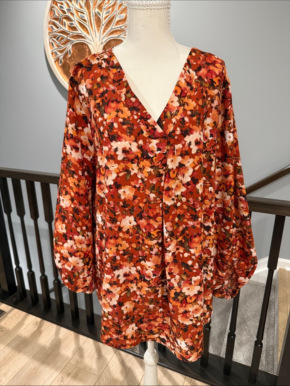 Floral V-Neck Long Sleeve Dress in Rust